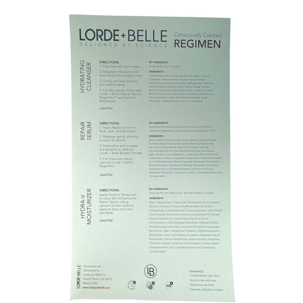 Lorde + Belle 3-Piece Skincare Set Cleanser Repair Serum Hydra-V Moisturizer NWT - Picture 4 of 7
